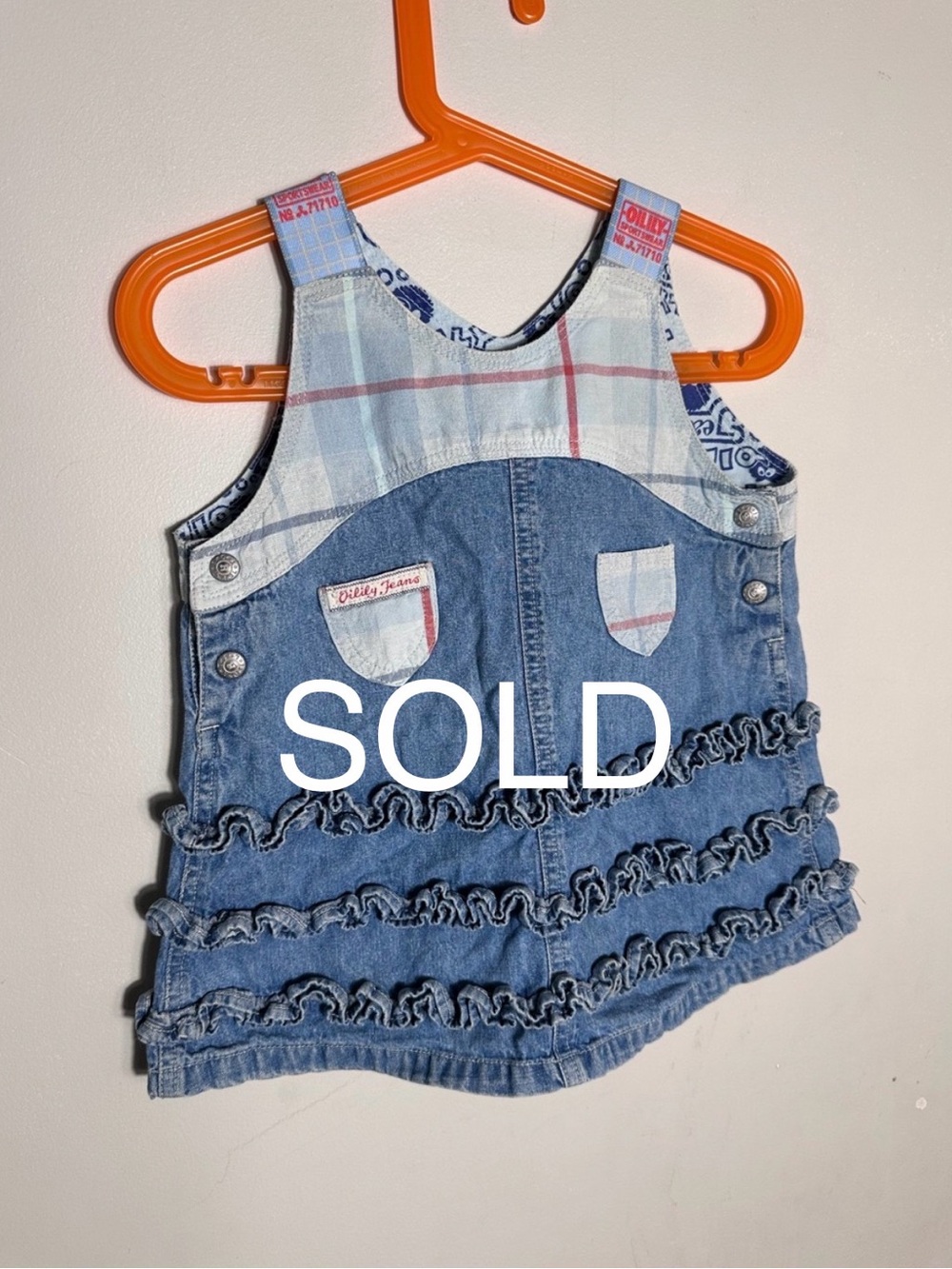 SOLD Vintage Oilily Blue Denim Ruffle Jumper Dress with Plaid Accents